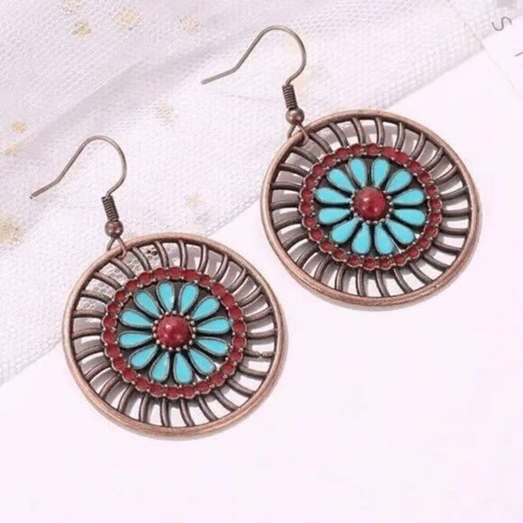 Aztec Round Teal Hoop Earrings - Picture 4 of 4